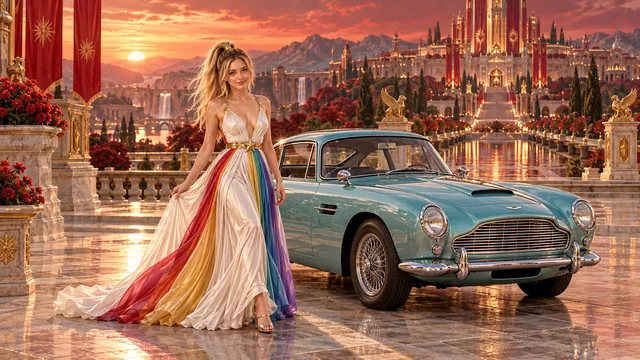 Kristin as Rainbow Brite wears a pearl-white pleated evening gown with jewel-tone rainbow panels and a fine gold star belt beside a glacier turquoise 1960 Aston Martin DB4 on Crimson Crown, in The Silver Assembly.
