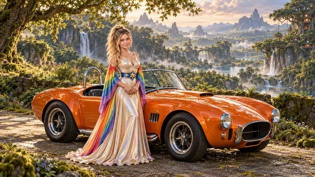 Kristin as Rainbow Brite wears a iridescent champagne satin gown with rainbow pleated sleeves and a sculpted blue-and-gold star belt beside a bright orange 1965 Shelby Cobra on Pawprint Hollow, in The Verdant Drift.