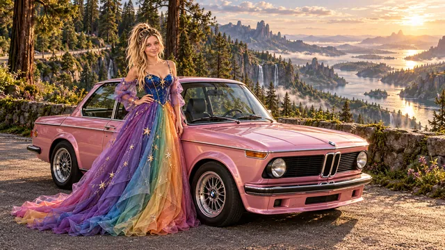 Kristin as Rainbow Brite wears a violet organza couture gown with a structured cobalt bodice, sweeping rainbow train and star jewels beside a pearl pink 1973 BMW 2002 Turbo on Sylvara, in The Verdant Drift.