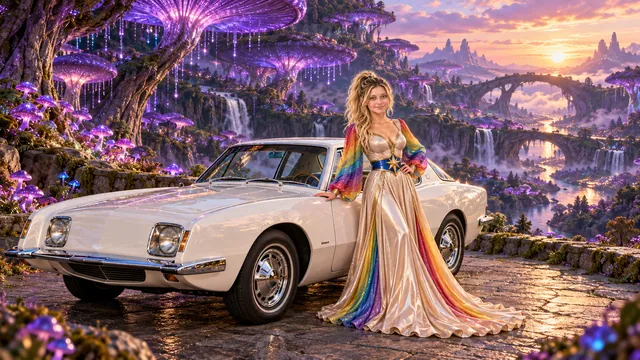 Kristin as Rainbow Brite wears a iridescent champagne satin gown with rainbow pleated sleeves and a sculpted blue-and-gold star belt beside a pearl white 1964 Studebaker Avanti on Violet Mycelium, in The Verdant Drift.