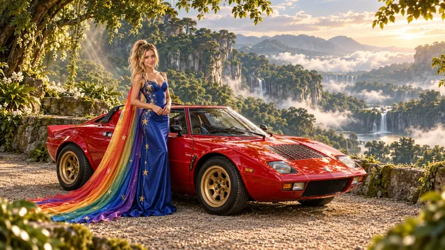 Kristin as Rainbow Brite wears a cobalt satin column gown with a dramatic rainbow chiffon cape and tiny gold star embroidery beside a candy apple red 1974 Lancia Stratos on Canopy Nine, in The Verdant Drift.