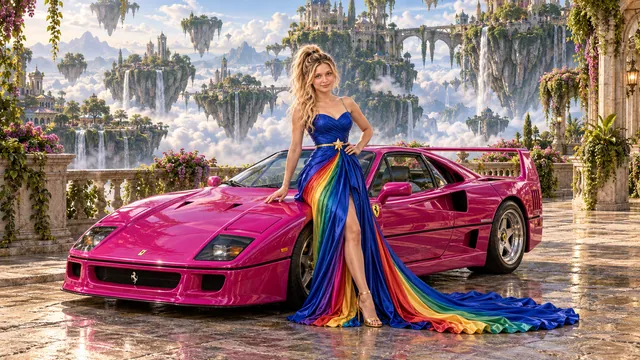 Kristin as Rainbow Brite wears a floor-length royal-blue silk gown with sculptural rainbow pleats and a flowing train, gold star belt beside a fuchsia magenta 1987 Ferrari F40 on Aeris Garden, in The Verdant Drift.