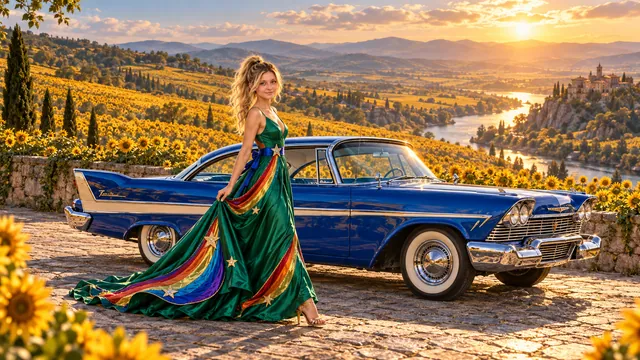 Kristin as Rainbow Brite wears a emerald silk evening dress with rainbow ribbon appliqué, a royal-blue waist sash and a jeweled star buckle beside a cobalt blue 1958 Plymouth Fury on Sunflower Vale, in The Verdant Drift.