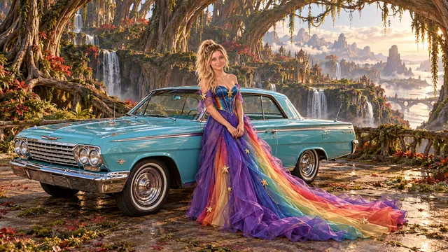 Kristin as Rainbow Brite wears a violet organza couture gown with a structured cobalt bodice, sweeping rainbow train and star jewels beside a glacier turquoise 1962 Chevrolet Impala on Rootbound, in The Verdant Drift.