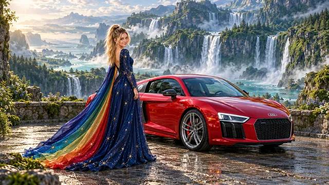 Kristin as Rainbow Brite wears a midnight-blue long-sleeved evening gown with a flowing rainbow-lined cape and tiny star embroidery beside a candy apple red 2017 Audi R8 on Viridian Falls, in The Verdant Drift.