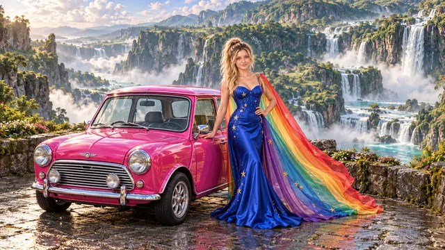 Kristin as Rainbow Brite wears a cobalt satin column gown with a dramatic rainbow chiffon cape and tiny gold star embroidery beside a hot pink 1967 Austin Mini Cooper S on Viridian Falls, in The Verdant Drift.