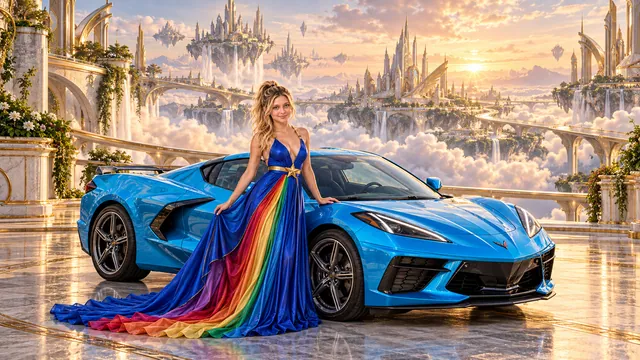 Kristin as Rainbow Brite wears a floor-length royal-blue silk gown with sculptural rainbow pleats and a flowing train, gold star belt beside a electric cyan 2020 Chevrolet Corvette C8 on Chrysalis, in The Verdant Drift.