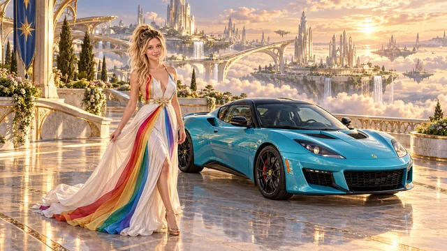 Kristin as Rainbow Brite wears a pearl-white pleated evening gown with jewel-tone rainbow panels and a fine gold star belt beside a glacier turquoise 2017 Lotus Evora 400 on Chrysalis, in The Verdant Drift.