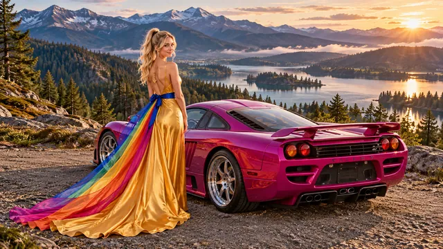 Kristin as Rainbow Brite wears a saffron satin evening gown with a royal-blue sash, graceful rainbow ribbon train and gold star pendant beside a fuchsia magenta 2007 Saleen S7 on Evertrail, in The Verdant Drift.