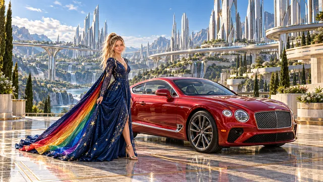 Kristin as Rainbow Brite wears a midnight-blue long-sleeved evening gown with a flowing rainbow-lined cape and tiny star embroidery beside a candy apple red 2018 Bentley Continental GT on Acurion, in The Verdant Drift.