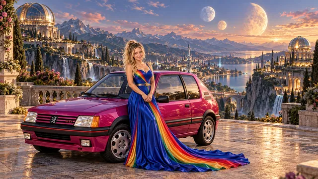 Kristin as Rainbow Brite wears a floor-length royal-blue silk gown with sculptural rainbow pleats and a flowing train, gold star belt beside a fuchsia magenta 1984 Peugeot 205 GTI on Sternara, in The Verdant Drift.