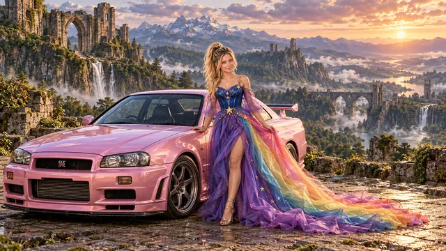 Kristin as Rainbow Brite wears a violet organza couture gown with a structured cobalt bodice, sweeping rainbow train and star jewels beside a pearl pink 1999 Nissan Skyline GT-R R34 on Terrawild, in The Verdant Drift.
