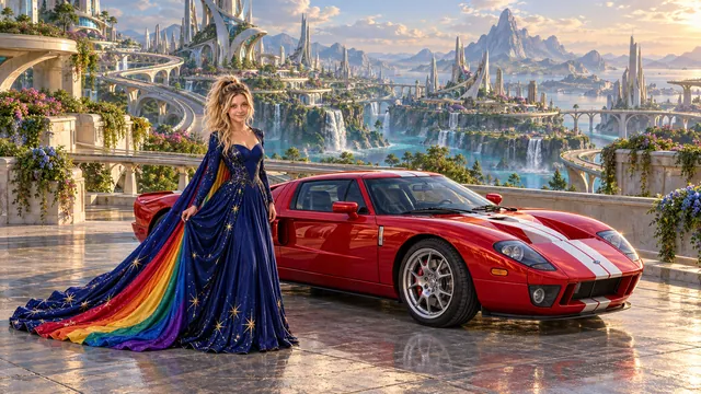 Kristin as Rainbow Brite wears a midnight-blue long-sleeved evening gown with a flowing rainbow-lined cape and tiny star embroidery beside a candy apple red 2005 Ford GT on Chevronia, in The Verdant Drift.