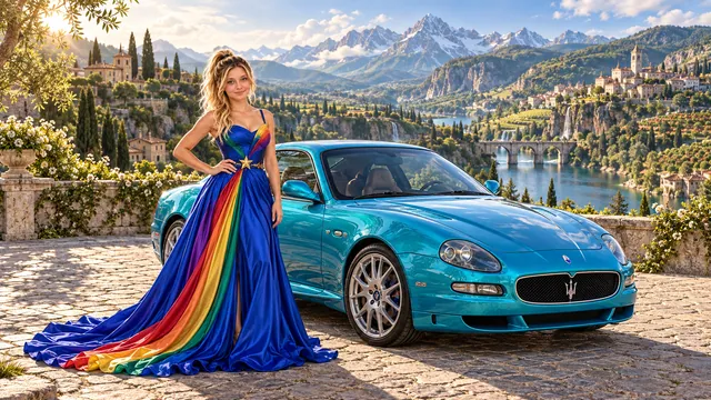 Kristin as Rainbow Brite wears a floor-length royal-blue silk gown with sculptural rainbow pleats and a flowing train, gold star belt beside a electric turquoise 2004 Maserati GranSport on Verdara, in The Verdant Drift.