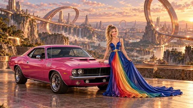 Kristin as Rainbow Brite wears a floor-length royal-blue silk gown with sculptural rainbow pleats and a flowing train, gold star belt beside a hot pink 1971 Plymouth Barracuda on Looplight, in The Copper Loop.