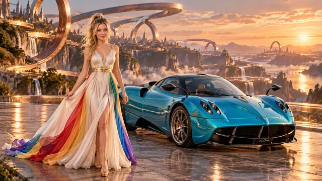 Kristin as Rainbow Brite wears a pearl-white pleated evening gown with jewel-tone rainbow panels and a fine gold star belt beside a electric turquoise 2014 Pagani Huayra on Looplight, in The Copper Loop.