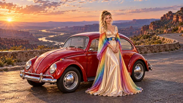 Kristin as Rainbow Brite wears a iridescent champagne satin gown with rainbow pleated sleeves and a sculpted blue-and-gold star belt beside a candy apple red 1963 Volkswagen Beetle on Drift Nine, in The Copper Loop.