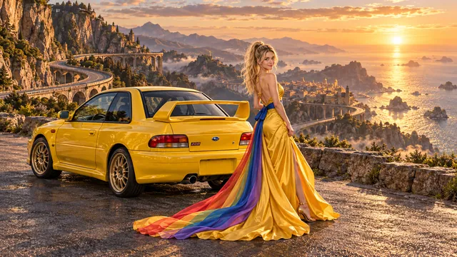 Kristin as Rainbow Brite wears a saffron satin evening gown with a royal-blue sash, graceful rainbow ribbon train and gold star pendant beside a sunflower yellow 1998 Subaru Impreza 22B on Boosthaven, in The Copper Loop.