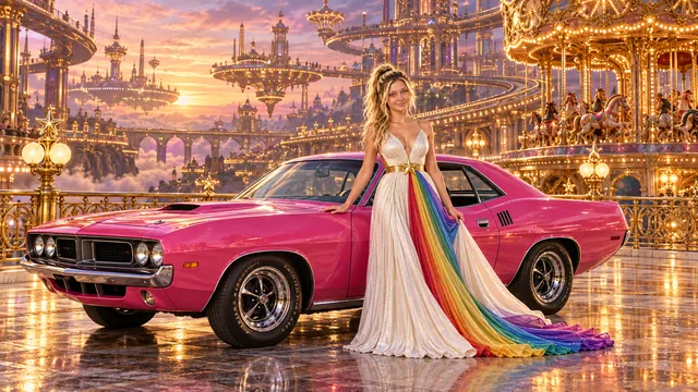 Kristin as Rainbow Brite wears a pearl-white pleated evening gown with jewel-tone rainbow panels and a fine gold star belt beside a hot pink 1971 Plymouth Barracuda on Carousel, in The Copper Loop.