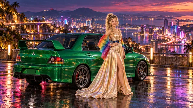 Kristin as Rainbow Brite wears a iridescent champagne satin gown with rainbow pleated sleeves and a sculpted blue-and-gold star belt beside a bright emerald 2006 Mitsubishi Lancer Evolution IX on Neon Mile, in The Copper Loop.