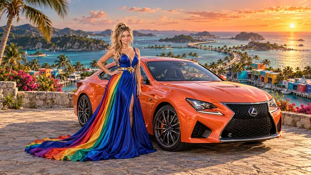 Kristin as Rainbow Brite wears a floor-length royal-blue silk gown with sculptural rainbow pleats and a flowing train, gold star belt beside a coral orange 2015 Lexus RC F on Barracudia, in The Copper Loop.