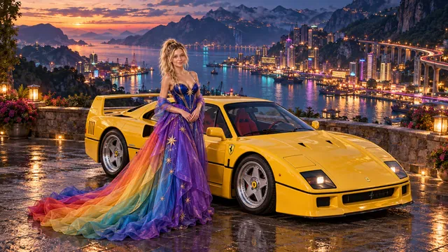 Kristin as Rainbow Brite wears a violet organza couture gown with a structured cobalt bodice, sweeping rainbow train and star jewels beside a sunflower yellow 1987 Ferrari F40 on Nissara, in The Copper Loop.