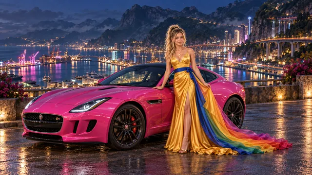 Kristin as Rainbow Brite wears a saffron satin evening gown with a royal-blue sash, graceful rainbow ribbon train and gold star pendant beside a hot pink 2014 Jaguar F-Type on Nissara, in The Copper Loop.