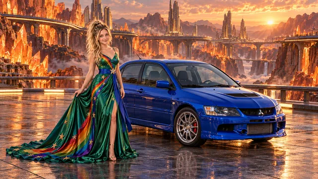 Kristin as Rainbow Brite wears a emerald silk evening dress with rainbow ribbon appliqué, a royal-blue waist sash and a jeweled star buckle beside a cobalt blue 2006 Mitsubishi Lancer Evolution IX on Papayra, in The Copper Loop.