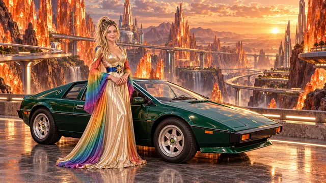 Kristin as Rainbow Brite wears a iridescent champagne satin gown with rainbow pleated sleeves and a sculpted blue-and-gold star belt beside a deep emerald green 1976 Lotus Esprit on Papayra, in The Copper Loop.