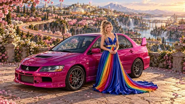 Kristin as Rainbow Brite wears a floor-length royal-blue silk gown with sculptural rainbow pleats and a flowing train, gold star belt beside a fuchsia magenta 2006 Mitsubishi Lancer Evolution IX on Cherryglass, in The Copper Loop.