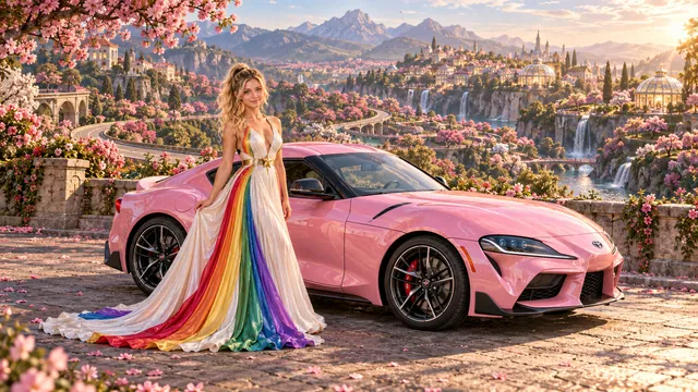 Kristin as Rainbow Brite wears a pearl-white pleated evening gown with jewel-tone rainbow panels and a fine gold star belt beside a pearl pink 2020 Toyota GR Supra on Cherryglass, in The Copper Loop.