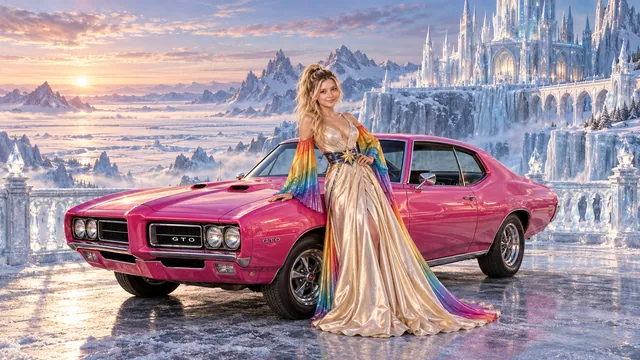 Kristin as Rainbow Brite wears a iridescent champagne satin gown with rainbow pleated sleeves and a sculpted blue-and-gold star belt beside a hot pink 1969 Pontiac GTO on Frostmere, in The Pale Meridian.