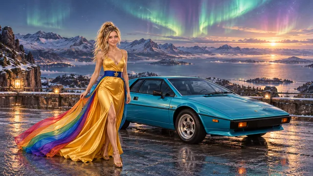 Kristin as Rainbow Brite wears a saffron satin evening gown with a royal-blue sash, graceful rainbow ribbon train and gold star pendant beside a electric turquoise 1976 Lotus Esprit on Aurora Reach, in The Pale Meridian.