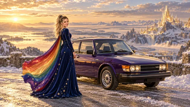 Kristin as Rainbow Brite wears a midnight-blue long-sleeved evening gown with a flowing rainbow-lined cape and tiny star embroidery beside a deep violet 1978 Saab 99 Turbo on Winterlight, in The Pale Meridian.