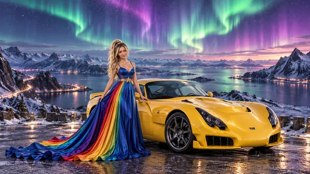 Kristin as Rainbow Brite wears a floor-length royal-blue silk gown with sculptural rainbow pleats and a flowing train, gold star belt beside a sunflower yellow 2004 TVR Sagaris on Borealis, in The Pale Meridian.