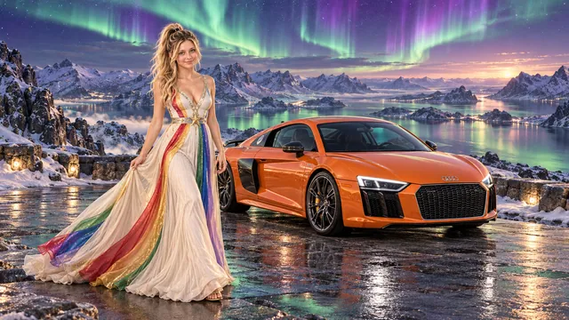 Kristin as Rainbow Brite wears a pearl-white pleated evening gown with jewel-tone rainbow panels and a fine gold star belt beside a tangerine orange 2017 Audi R8 on Borealis, in The Pale Meridian.