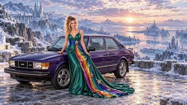 Kristin as Rainbow Brite wears a emerald silk evening dress with rainbow ribbon appliqué, a royal-blue waist sash and a jeweled star buckle beside a deep violet 1978 Saab 99 Turbo on Cryostone, in The Pale Meridian.
