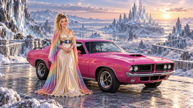Kristin as Rainbow Brite wears a iridescent champagne satin gown with rainbow pleated sleeves and a sculpted blue-and-gold star belt beside a hot pink 1971 Plymouth Barracuda on Cryostone, in The Pale Meridian.