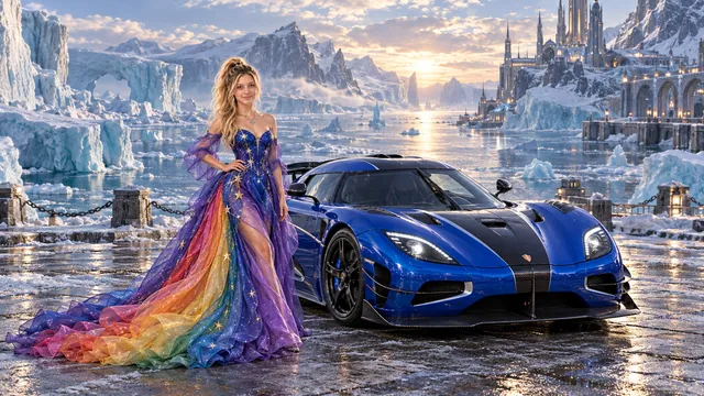 Kristin as Rainbow Brite wears a violet organza couture gown with a structured cobalt bodice, sweeping rainbow train and star jewels beside a cobalt blue 2015 Koenigsegg Agera RS on Pale Harbor, in The Pale Meridian.