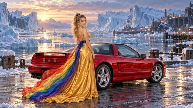 Kristin as Rainbow Brite wears a saffron satin evening gown with a royal-blue sash, graceful rainbow ribbon train and gold star pendant beside a candy apple red 1993 Acura NSX on Pale Harbor, in The Pale Meridian.