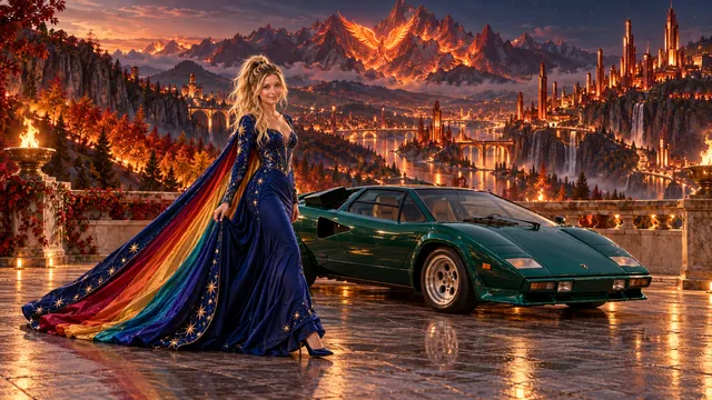 Kristin as Rainbow Brite wears a midnight-blue long-sleeved evening gown with a flowing rainbow-lined cape and tiny star embroidery beside a deep emerald green 1974 Lamborghini Countach on Firehaven, in The Pale Meridian.