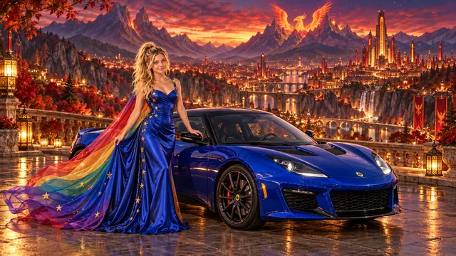 Kristin as Rainbow Brite wears a cobalt satin column gown with a dramatic rainbow chiffon cape and tiny gold star embroidery beside a cobalt blue 2017 Lotus Evora 400 on Firehaven, in The Pale Meridian.