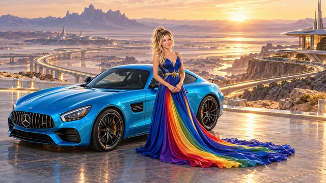 Kristin as Rainbow Brite wears a floor-length royal-blue silk gown with sculptural rainbow pleats and a flowing train, gold star belt beside a electric cyan 2016 Mercedes-AMG GT on Serevex, in The Pale Meridian.