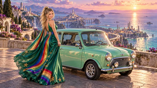 Kristin as Rainbow Brite wears a emerald silk evening dress with rainbow ribbon appliqué, a royal-blue waist sash and a jeweled star buckle beside a luminous mint green 1967 Austin Mini Cooper S on Infinitara, in The Pale Meridian.