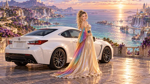 Kristin as Rainbow Brite wears a iridescent champagne satin gown with rainbow pleated sleeves and a sculpted blue-and-gold star belt beside a pearl white 2015 Lexus RC F on Infinitara, in The Pale Meridian.