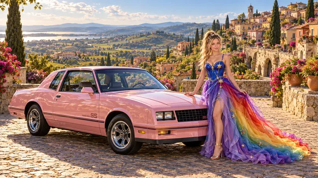 Kristin as Rainbow Brite wears a violet organza couture gown with a structured cobalt bodice, sweeping rainbow train and star jewels beside a pearl pink 1985 Chevrolet Monte Carlo SS on Bellina, in The Pale Meridian.