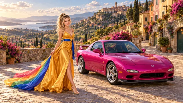 Kristin as Rainbow Brite wears a saffron satin evening gown with a royal-blue sash, graceful rainbow ribbon train and gold star pendant beside a fuchsia magenta 1993 Mazda RX-7 on Bellina, in The Pale Meridian.