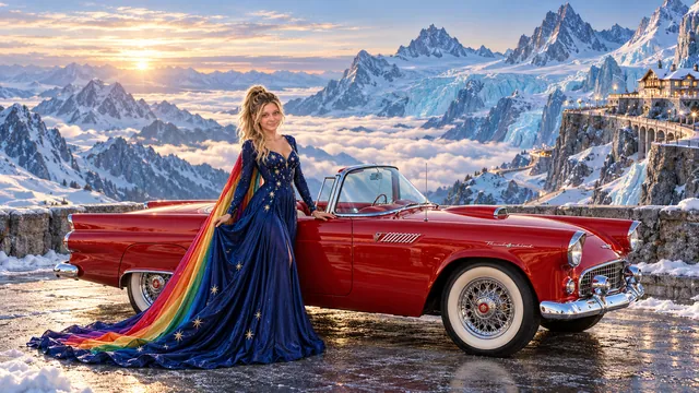Kristin as Rainbow Brite wears a midnight-blue long-sleeved evening gown with a flowing rainbow-lined cape and tiny star embroidery beside a candy apple red 1955 Ford Thunderbird on Glaciera, in The Pale Meridian.