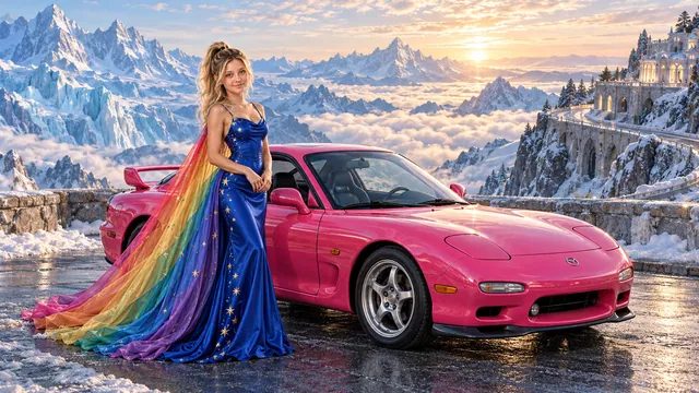 Kristin as Rainbow Brite wears a cobalt satin column gown with a dramatic rainbow chiffon cape and tiny gold star embroidery beside a hot pink 1993 Mazda RX-7 on Glaciera, in The Pale Meridian.