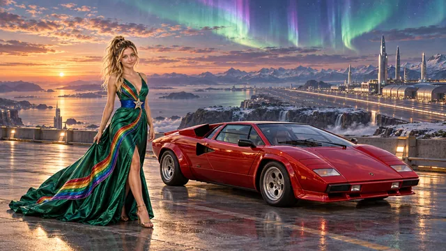 Kristin as Rainbow Brite wears a emerald silk evening dress with rainbow ribbon appliqué, a royal-blue waist sash and a jeweled star buckle beside a candy apple red 1974 Lamborghini Countach on Aerovik, in The Pale Meridian.
